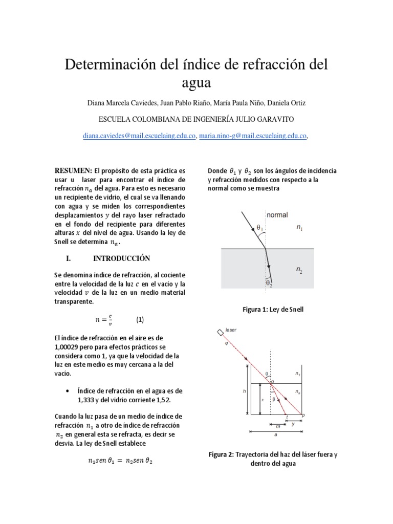 Determinación Del Índice de Refracción Del Agua Refracción Índice