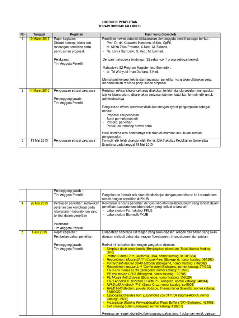 Logbook Penelitian Terapi Biosimilar Lupus | PDF