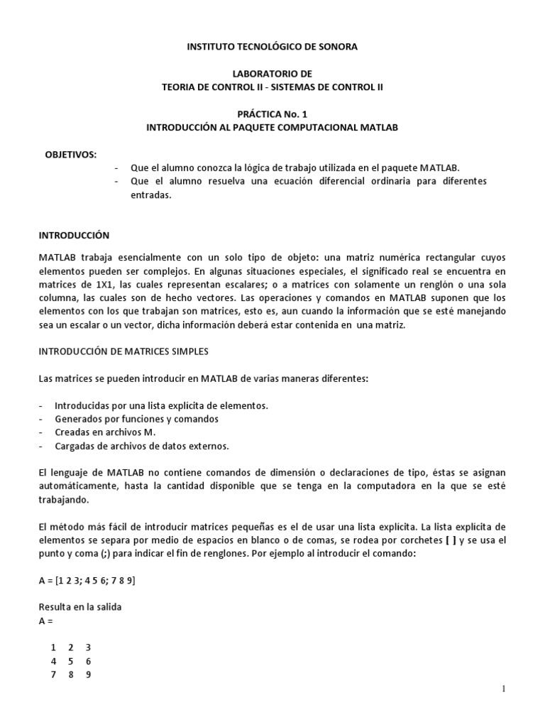 Lab. Teoría de Control II Práctica 1 Introducción A Matlab | PDF ...