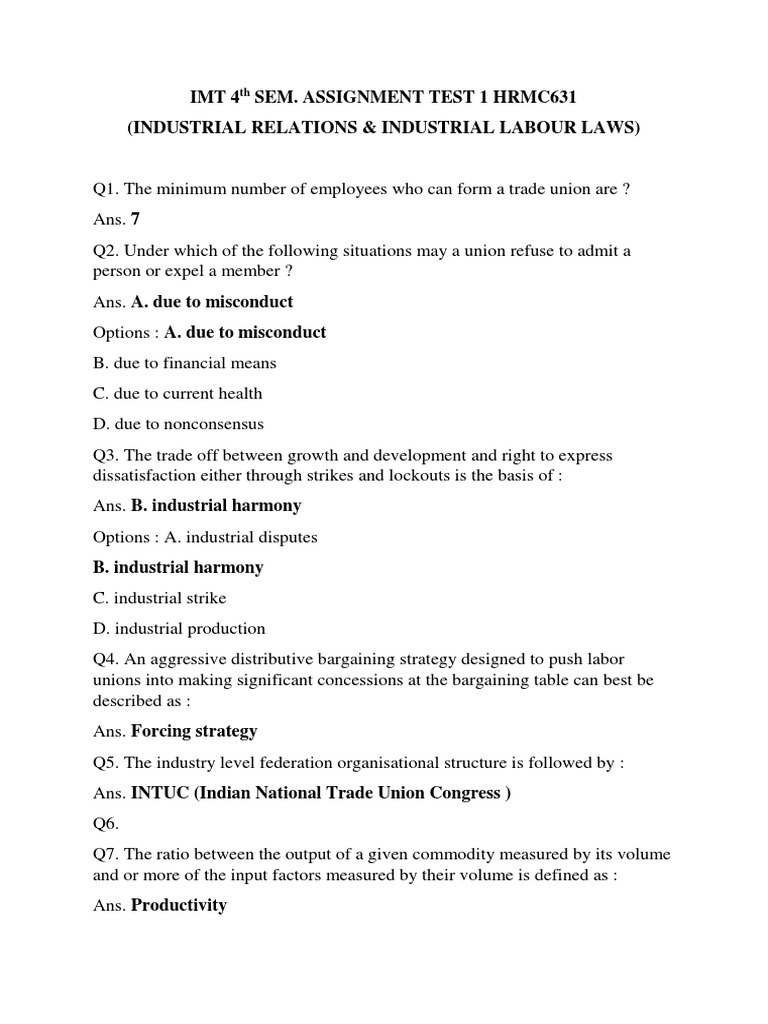 IMT 4th SEM - ASSIGNMENT TEST1 HRMC631 | PDF | Labour Law | Trade Union