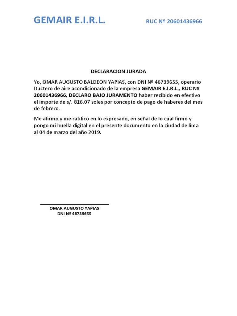 Declaración Jurada Modelo Pdf , Modelos de Declaración Jurada en Word ...