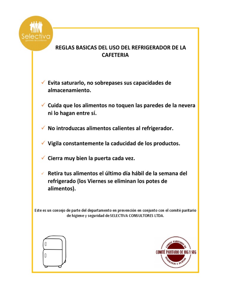 Reglas Basicas Del Uso Del Refrigerador de La Cafeteria | PDF