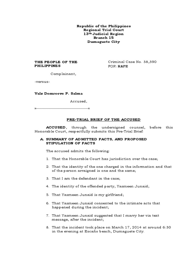Pre Trial Brief | PDF | Prosecutor | Arraignment