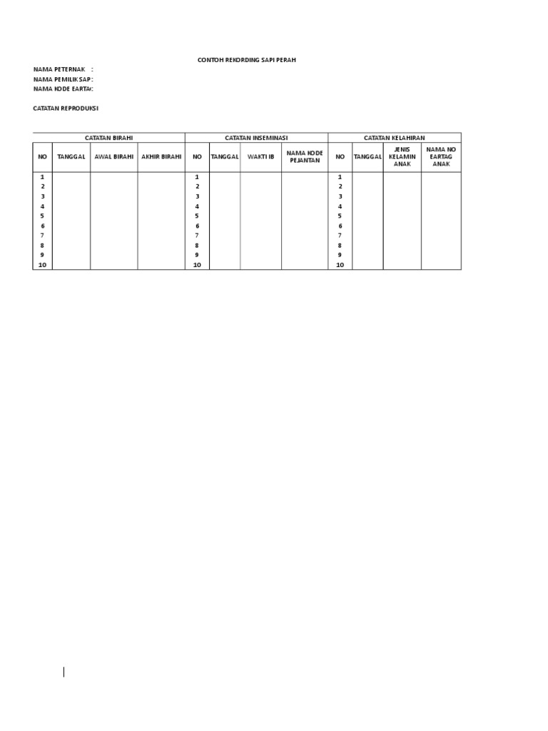 Contoh Rekording Sapi Perah | PDF