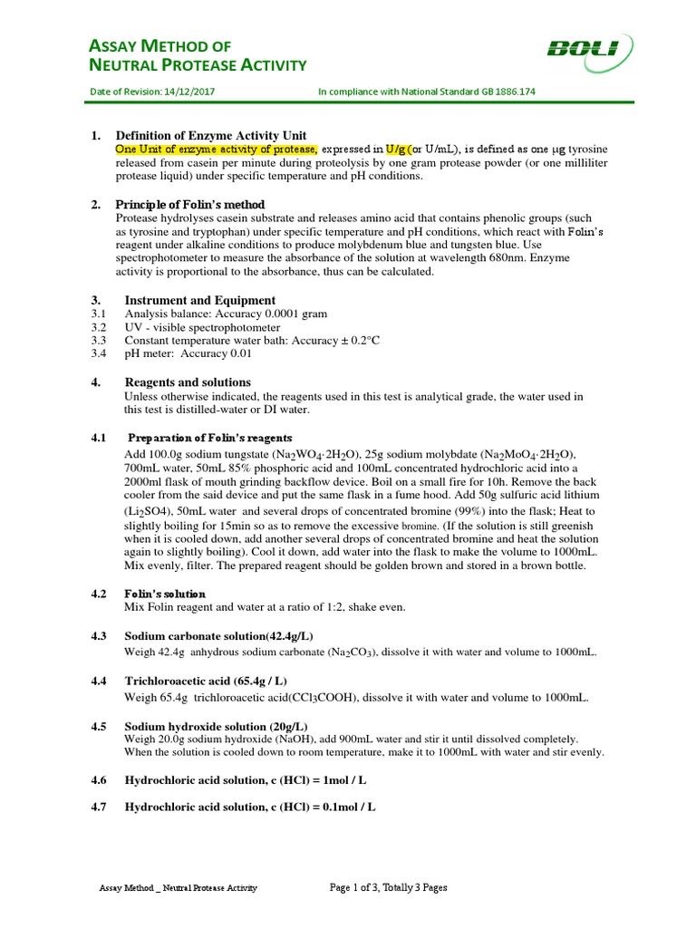 Neutral Protease Activity Assay Protocol | PDF | Ph | Sodium Hydroxide