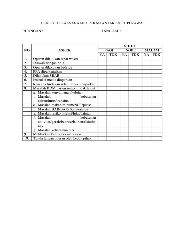 Ceklist Operan Antar Shift Perawat | PDF