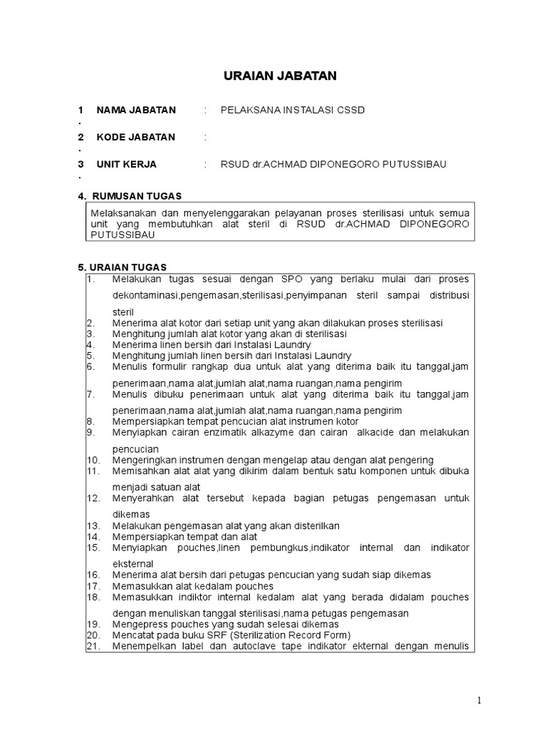 Tugas Pelaksana Instalasi CSSD | PDF