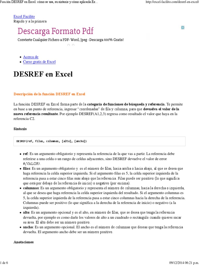 Uso de la función DESREF en Excel | PDF | Microsoft Excel | Software