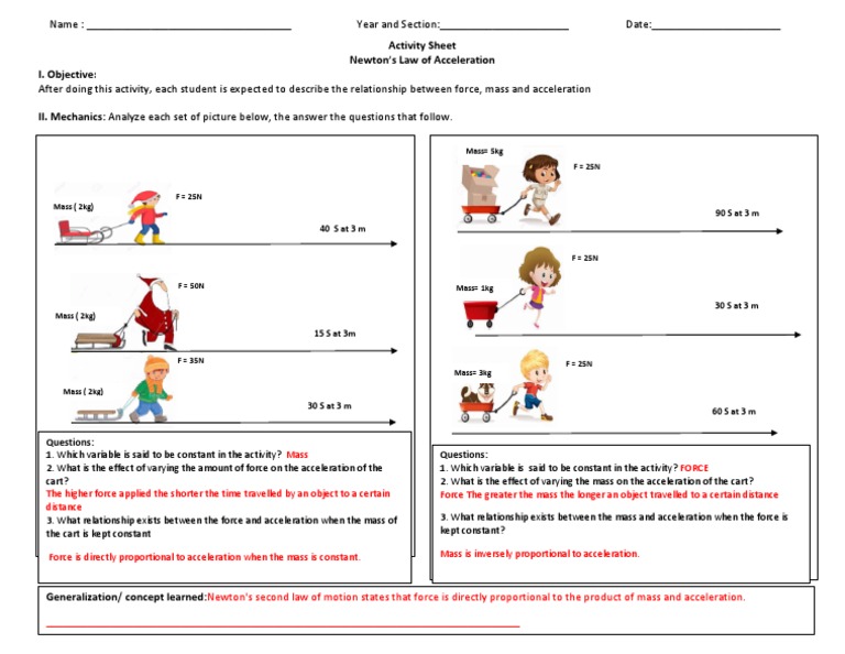 Force Mass Acceleration Worksheet