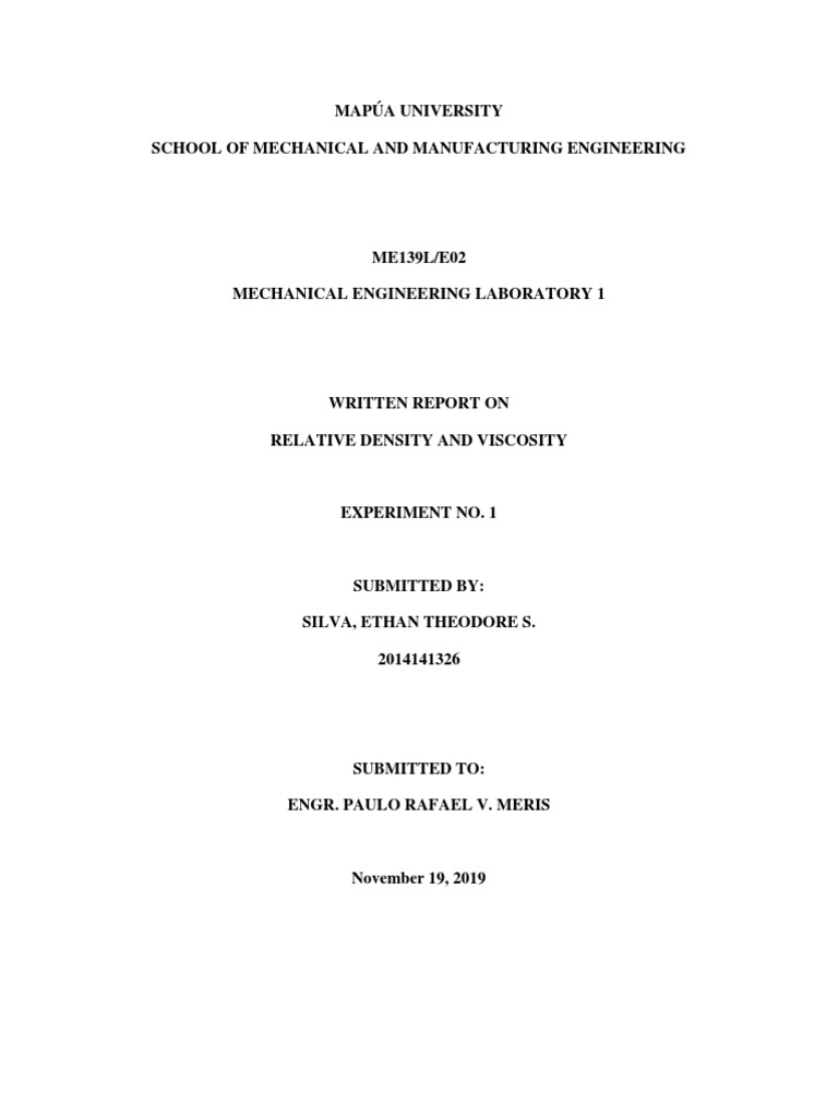 Me Lab Report 1 Silva | PDF | Density | Viscosity