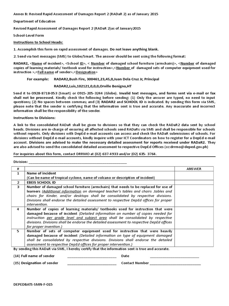 ISO FORM 15 Revised Rapid Assessment of Damages Report 2 RADaR 2 | PDF ...