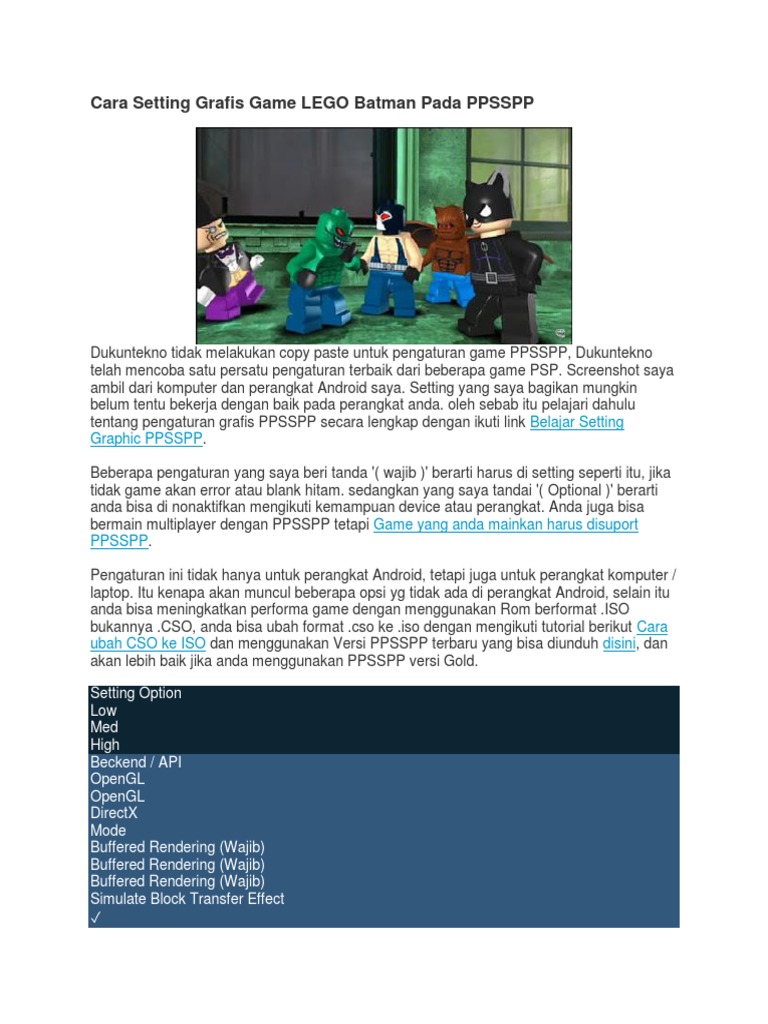 Cara Setting Grafis Game LEGO Batman Pada PPSSPP | PDF