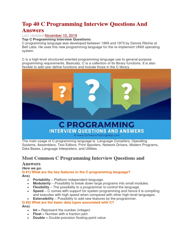 Top 40 C Programming Interview Questions | PDF | C (Programming ...