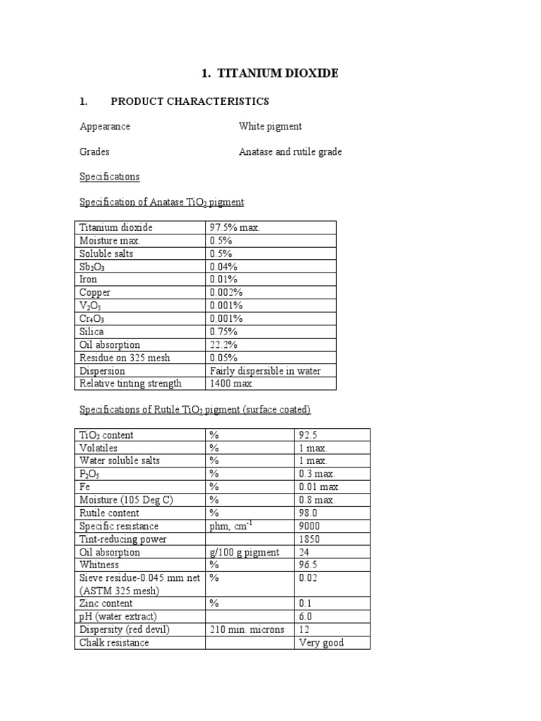 Titanium Dioxide 1. Product Characteristics PDF Titanium Dioxide
