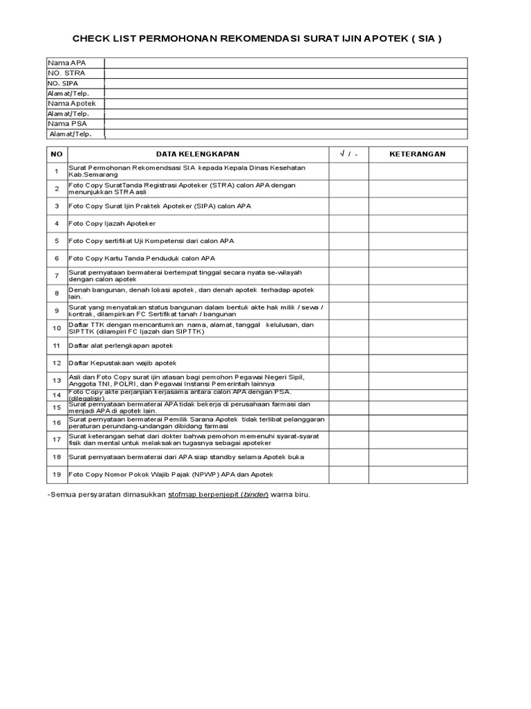 Checklist Permohonan SIA Apotek | PDF