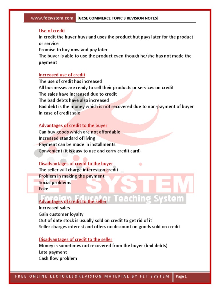 Revision For GCSE Commerce Topic 3 | PDF | Credit Card | Retail