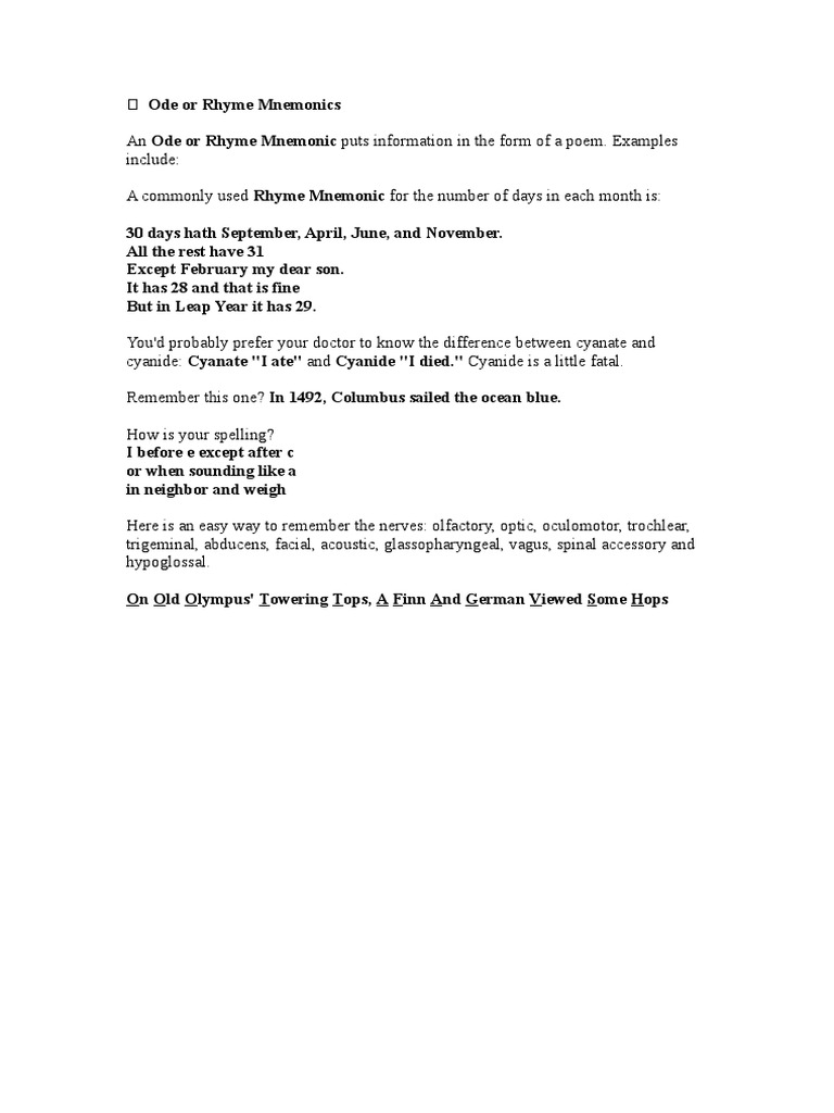 Ode or Rhyme Mnemonics | PDF