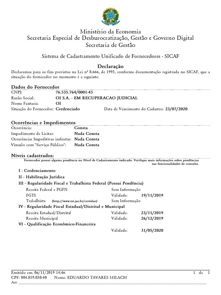 Certidão SICAF: OI S.A. Atualização | PDF | Finanças e Administração de ...