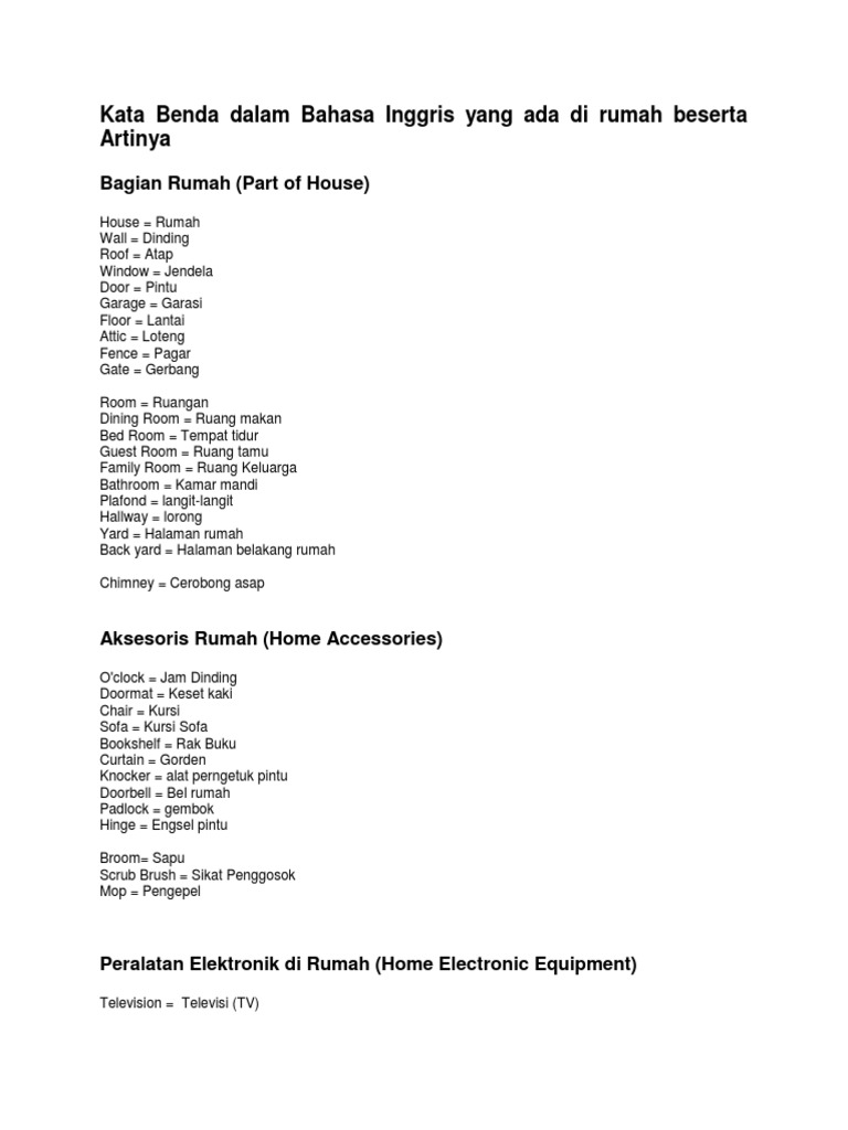 Kata Benda Dalam Bahasa Inggris Yang Ada Di Rumah Beserta Artinya | PDF