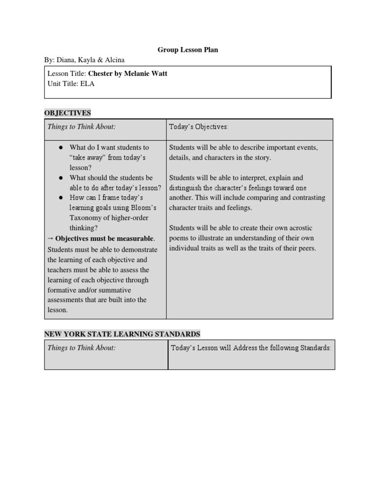 Chester Lesson Plan for ELA Class | PDF | Educational Assessment ...