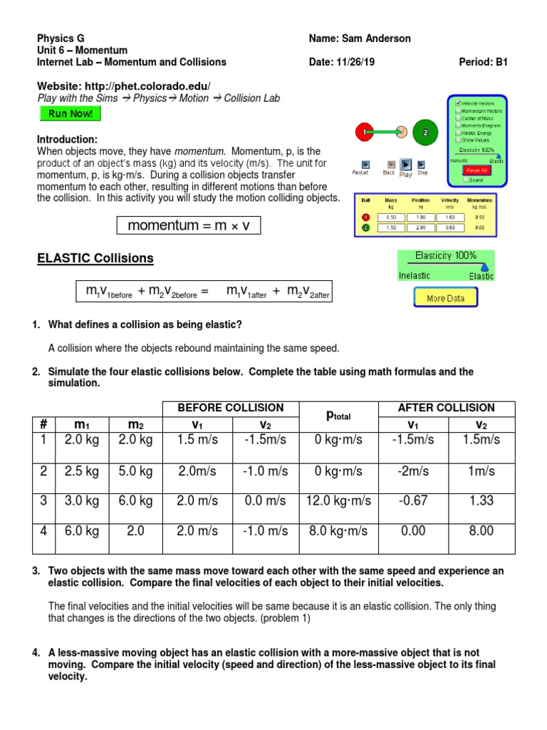Momentum Lab  PDF  Collision  Momentum Inside Momentum And Collisions Worksheet Answers