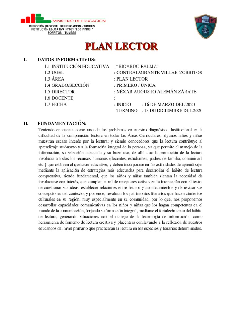 Plan Lector 2025 para Primaria | PDF | Educación primaria | Comprensión ...