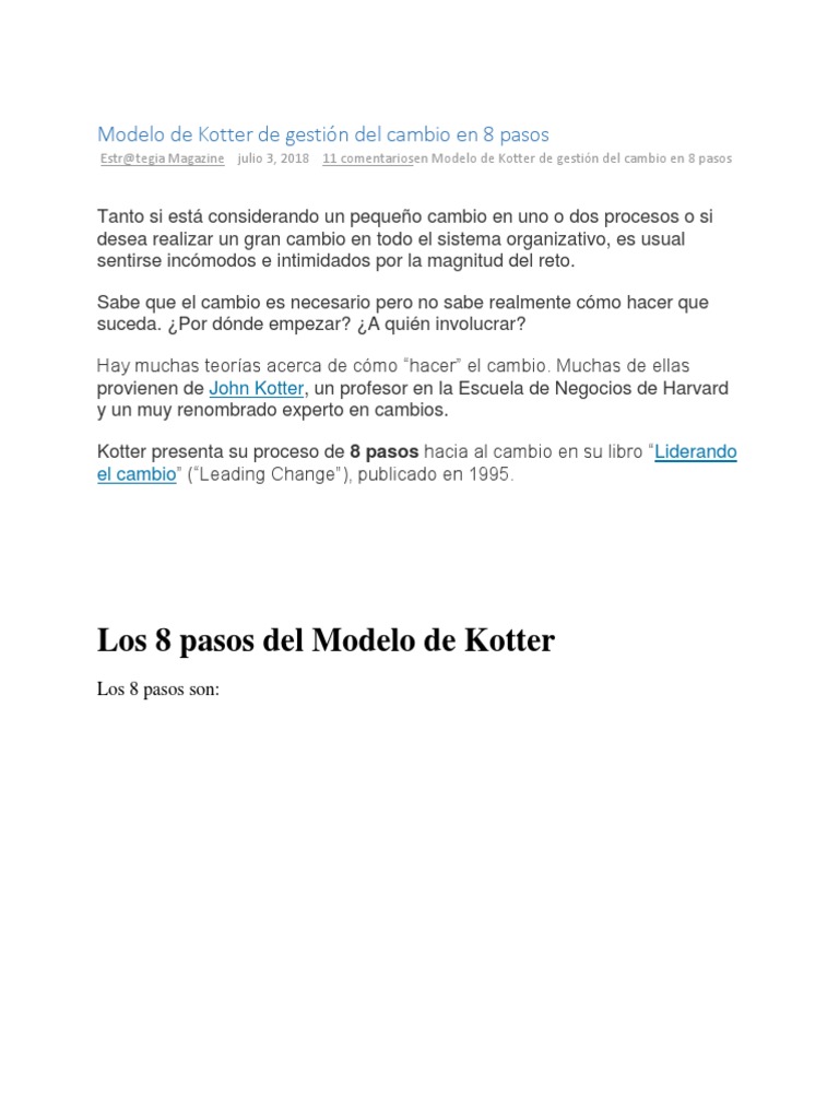 Modelo de Kotter: 8 Pasos para el Cambio | PDF | Liderazgo | Cultura ...