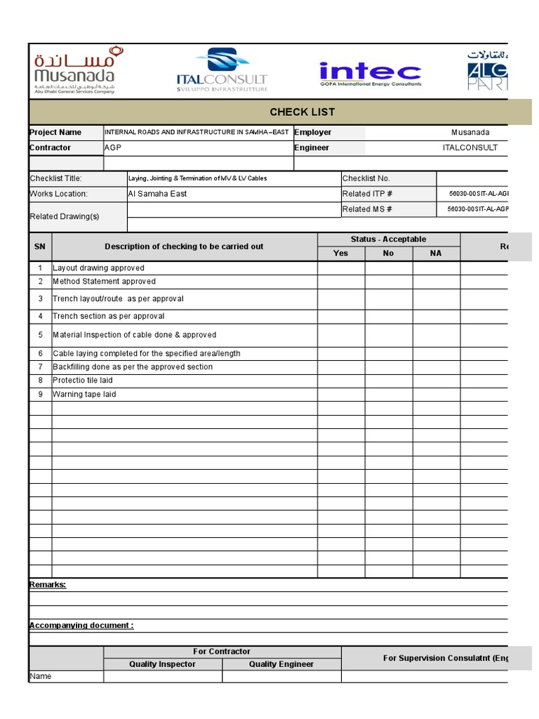 MV & LV Cable Installation Checklist | PDF | Business