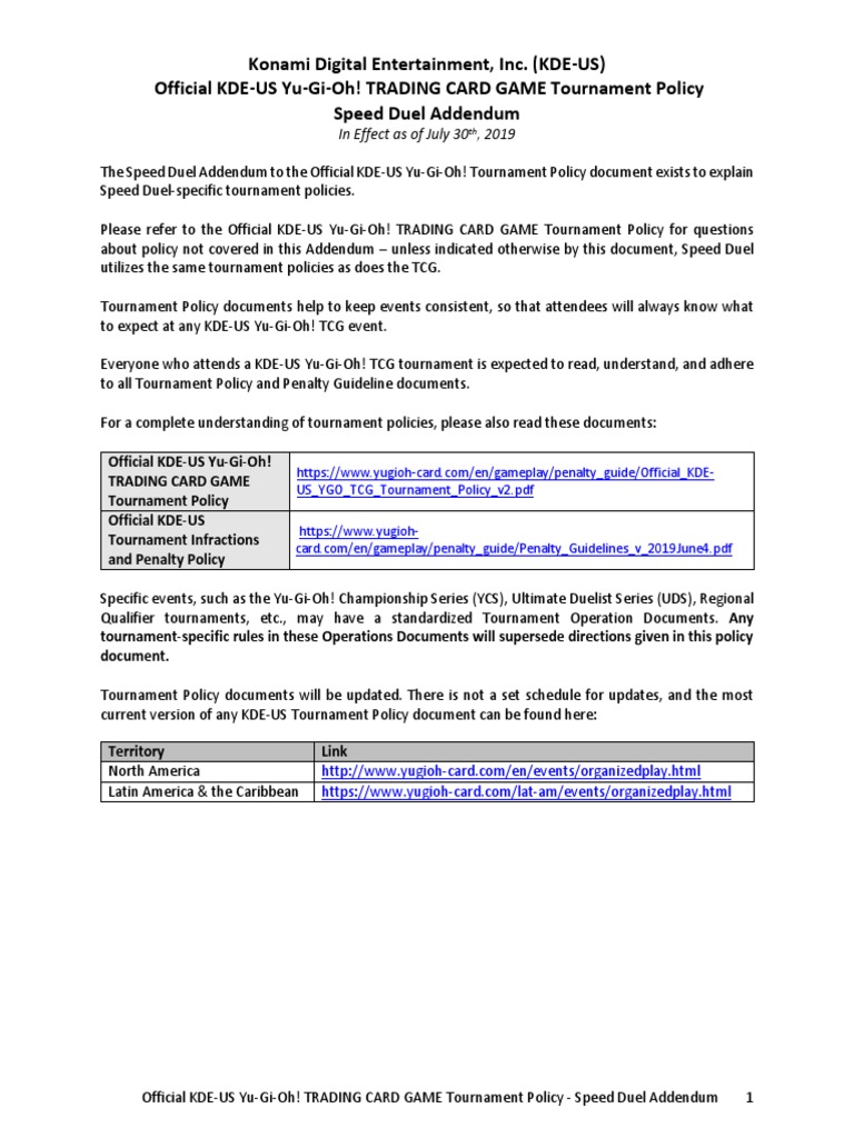 Speed Duel Tournament Policy Addendum | PDF | Gaming | Leisure