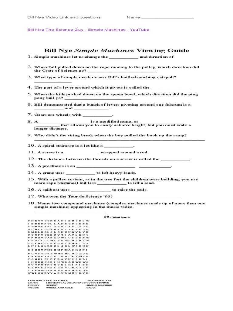 Bill Nye Simple Machines Video Worksheet  Machines  Lever Regarding Simple Machines Video Bill Nye