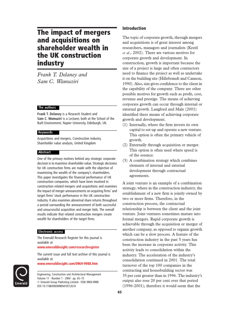 The Impact of Mergers and Acquisitions On Shareholder Wealth in The UK ...