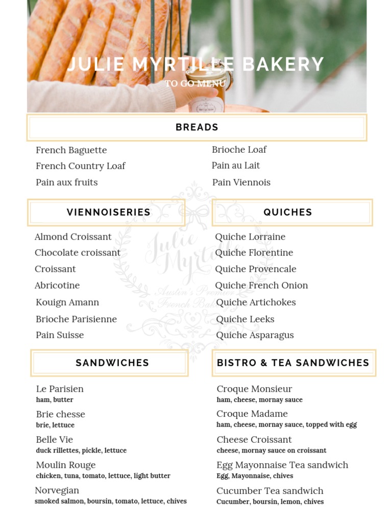 Julie Myrtille Bakery Menu Overview | PDF | Salad | Drink