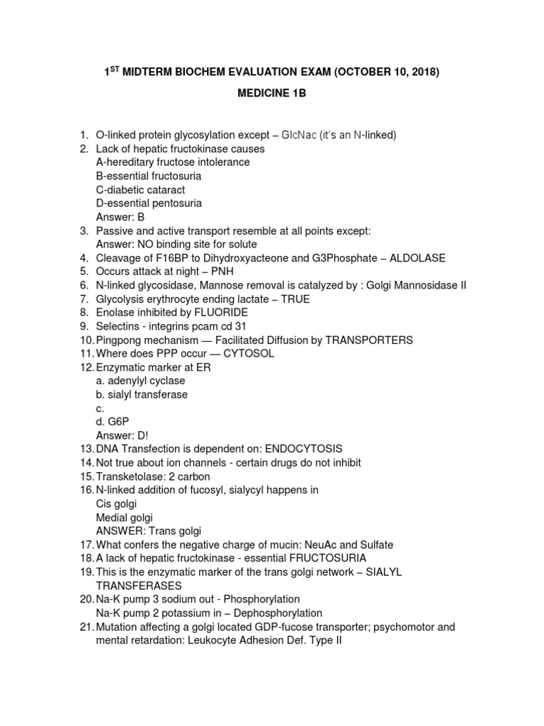 Biochemistry Midterm Exam Review 2018 | PDF | Glucose | Glycolysis