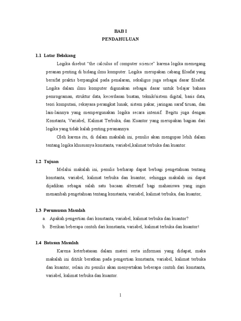 3 Isi Makalah Mulai Bab1 Bab Konstanta Kalimat Terbuka Variabel Dan Kuantor