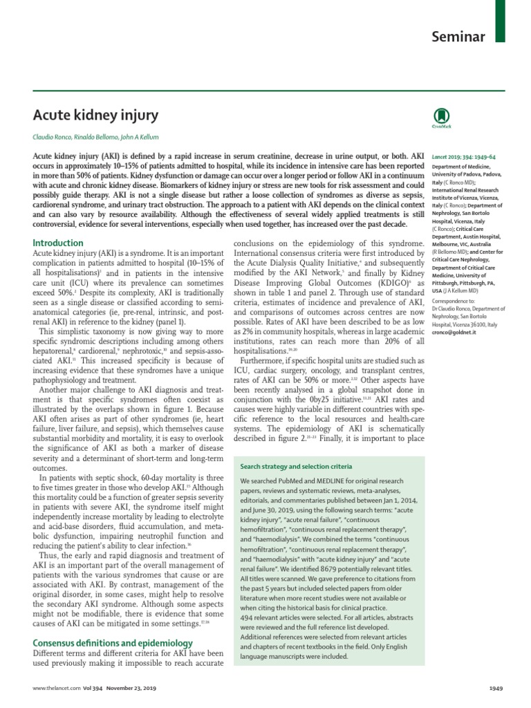 Acute Kidney Injury - Seminar Lancet 2019 | PDF | Renal Function ...