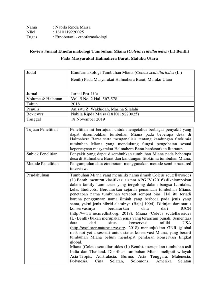 Review Jurnal Etnofarmakologi Miana Pdf