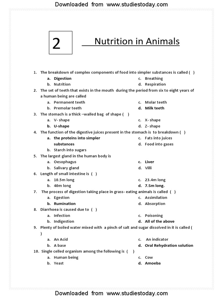 CBSE Class 7 Science MCQsNutrition in Animals PDF