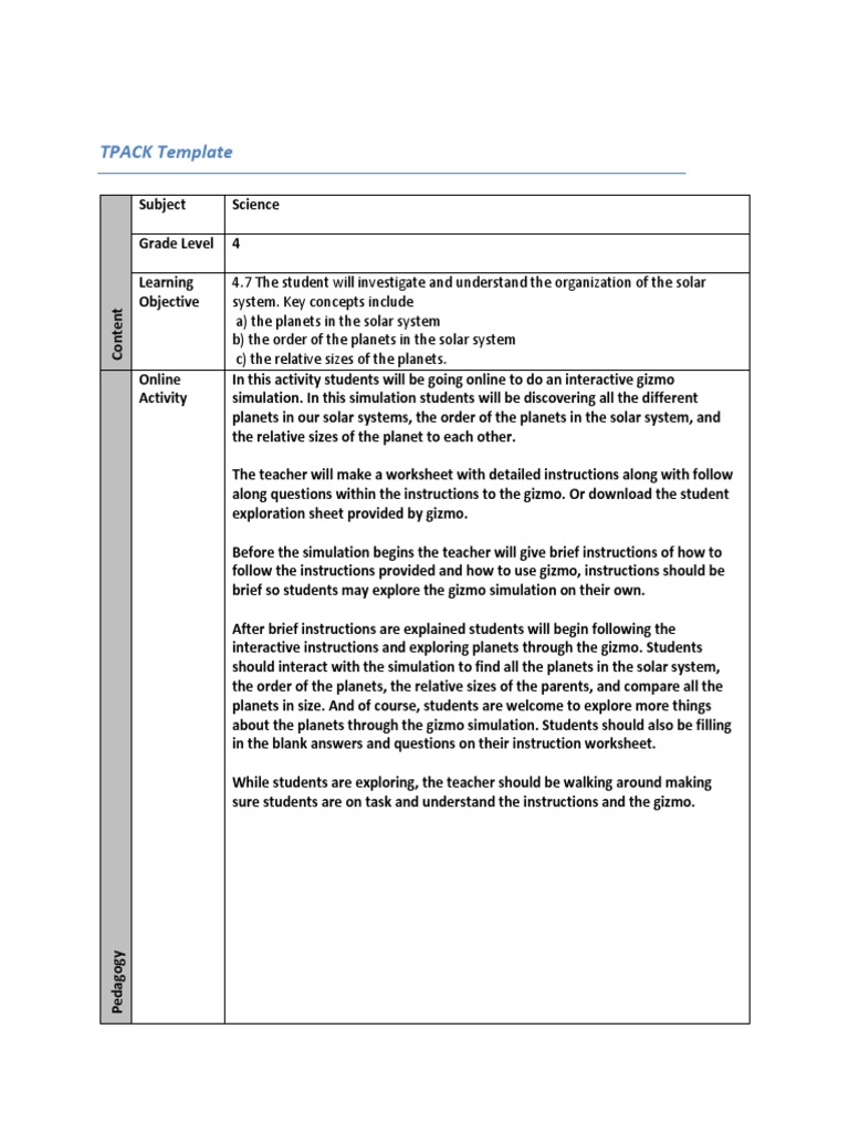 Simulation Assignment Tpack Template 1 Worksheet Simulation