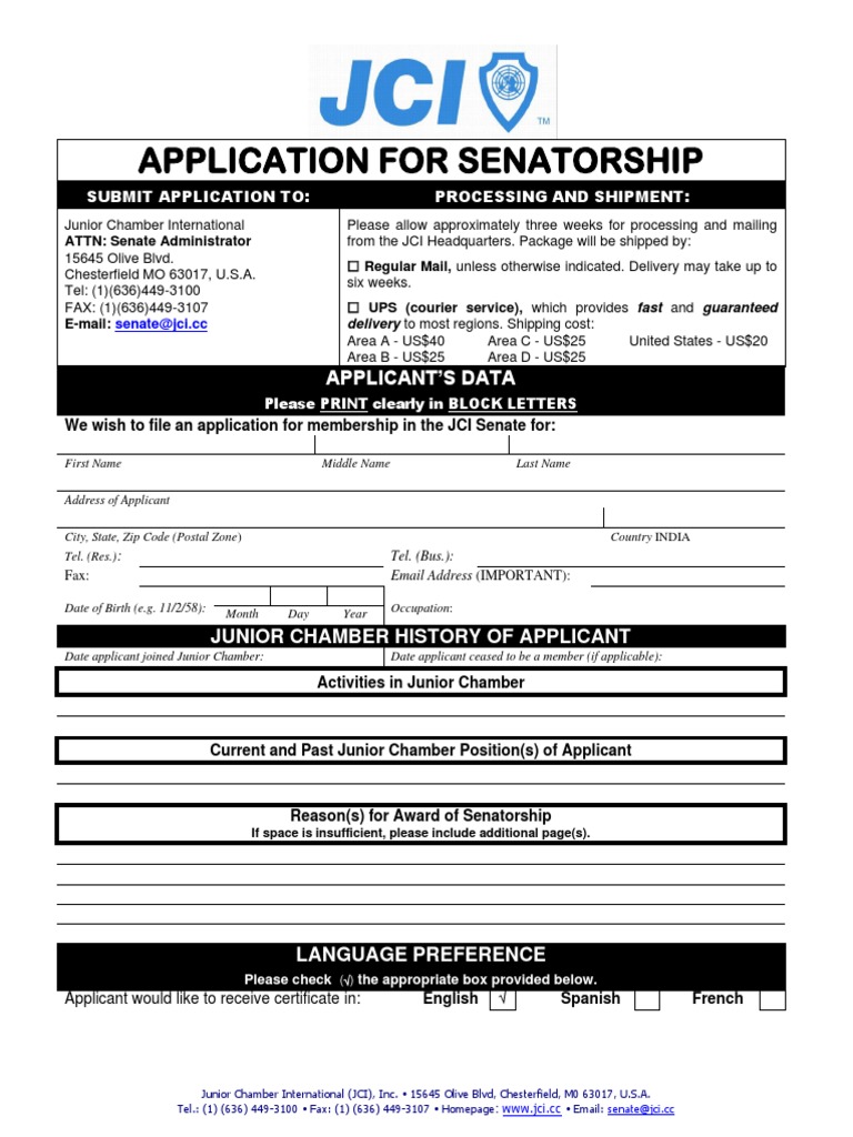 JCI Senatorship Application Form | PDF | Mail | Wire Transfer