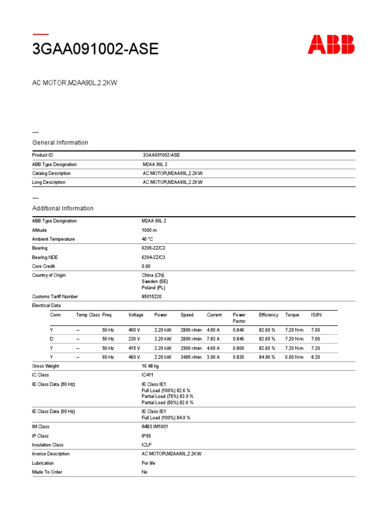 ABB M2AA90L 2.2KW AC Motor Data Sheet | PDF | Electric Motor ...