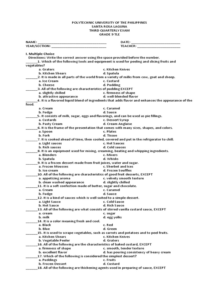 Grade 9 Test | PDF | Custard | Desserts