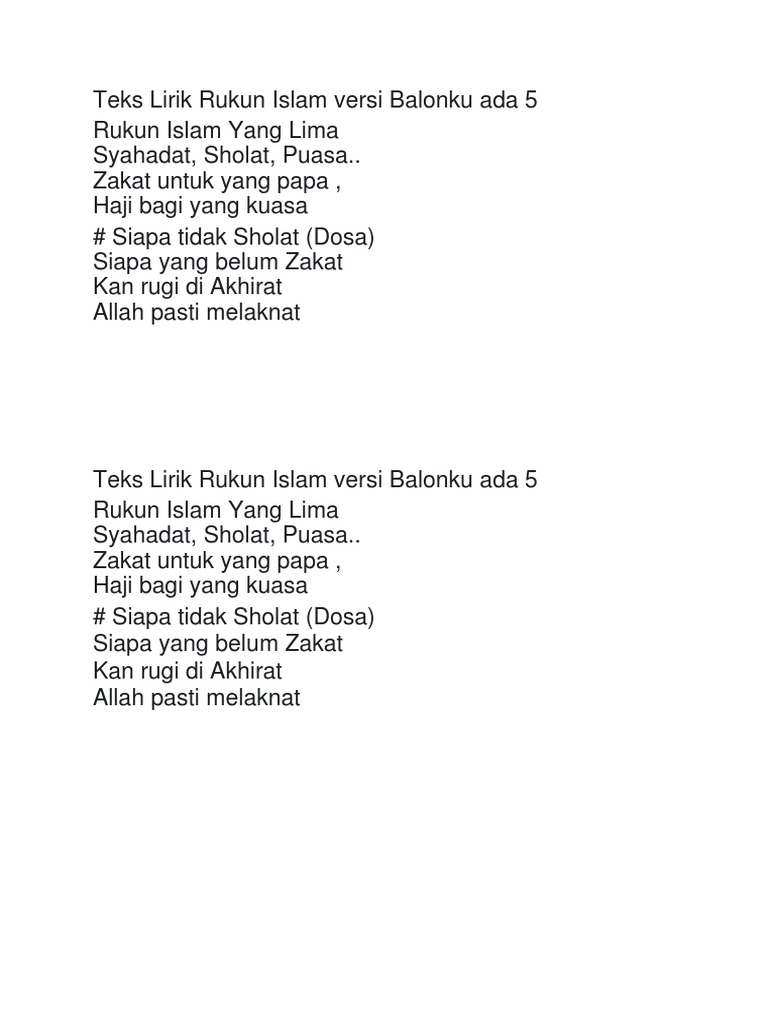 Lirik Rukun Islam Versi Balonku | PDF | Agama & Spiritualitas