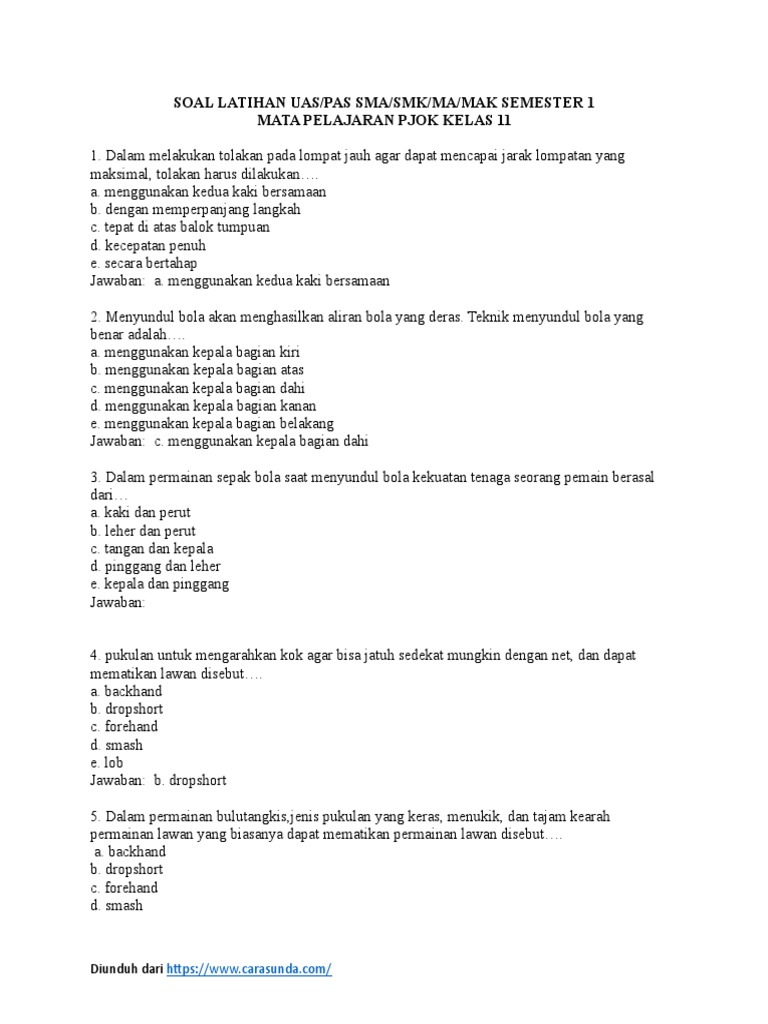 1 Soal Latihan Uas Pas Pjok Kls 11 Smtr 1 Docx