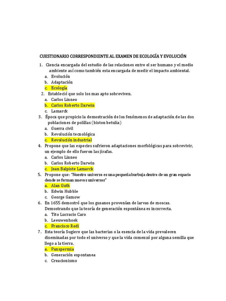 Cuestionario Correspondiente Al Examen de Ecologa y Evolucin | PDF ...