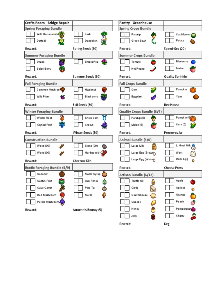 Stardew Valley Bundles Checklist Pdf Fruit Preserves Fruit