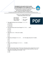 Matematika PAS Kelas VIII Semester Ganjil Tahun Pelajaran 2019/2020