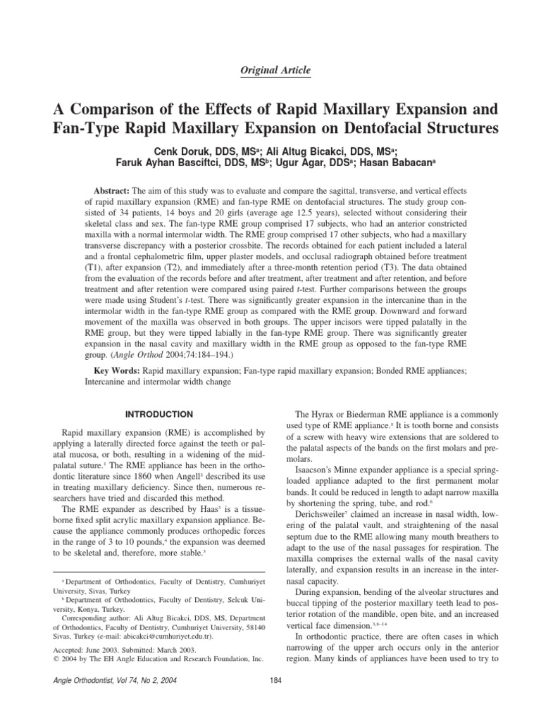 RME vs. Fan-Type RME Effects on Dentofacial Structures | PDF ...