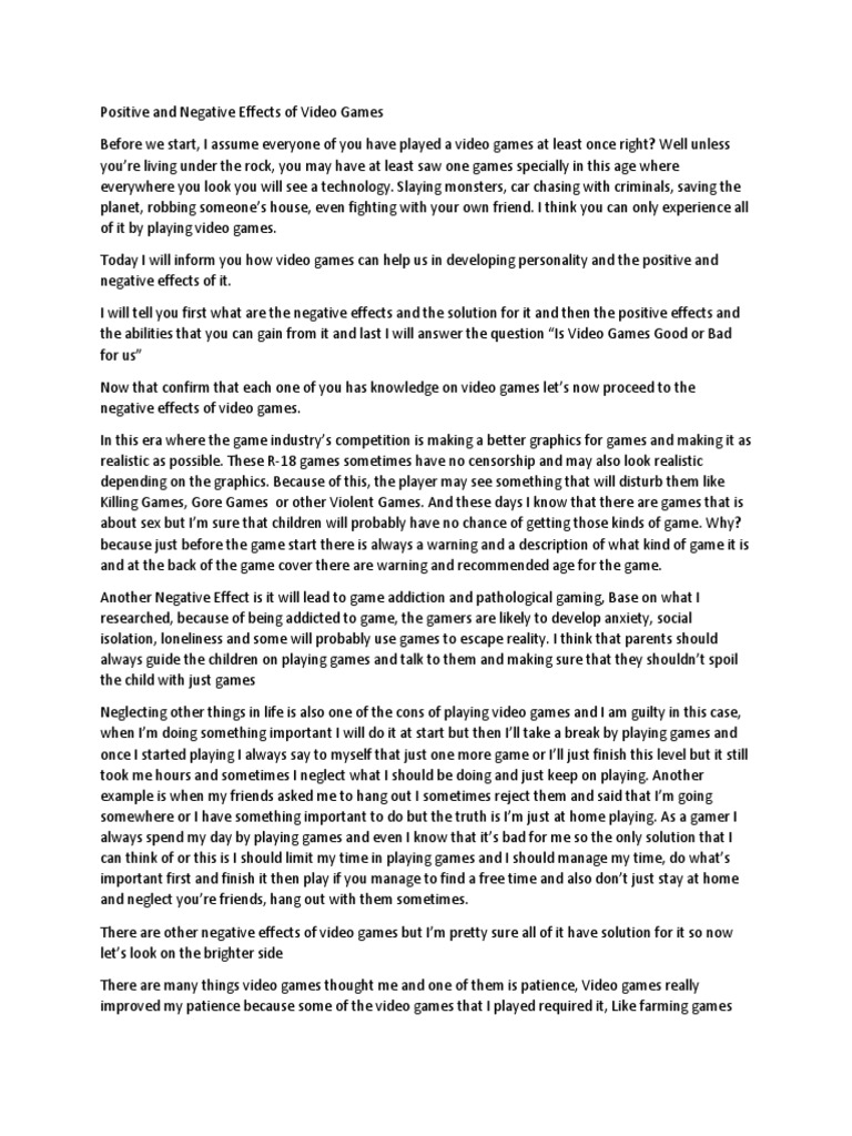 Positive and Negative Effects of Video Games PDF Video Games Psychological Concepts