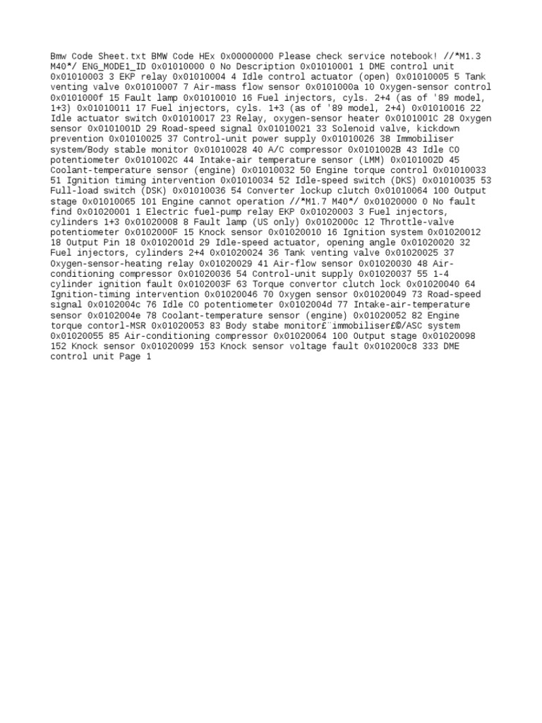 BMW Code Sheet | PDF | Fuel Injection | Ignition System
