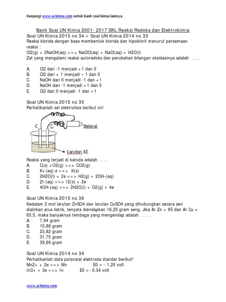 Bank Soal Un Kimia 2001 2017 Skl Reaksi Redoks Dan Elektrokimia Pdf